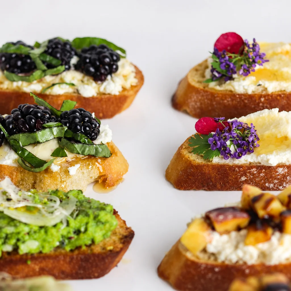 Delicious crostini topped with colorful ingredients perfect for parties.