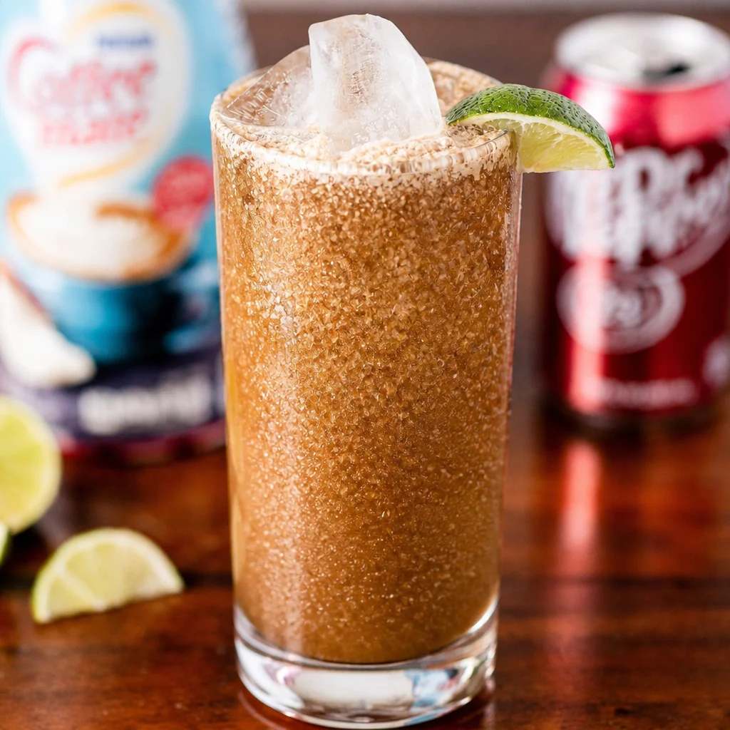Pouring coconut cream into a glass of Dirty Dr Pepper with ice and lime.