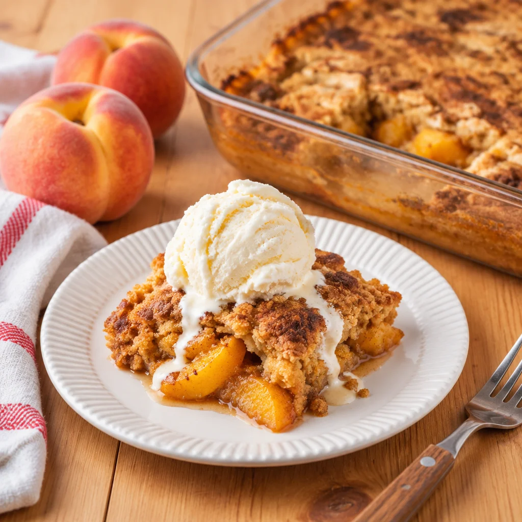 Easy peach cobbler dump cake made with canned peaches and cake mix.