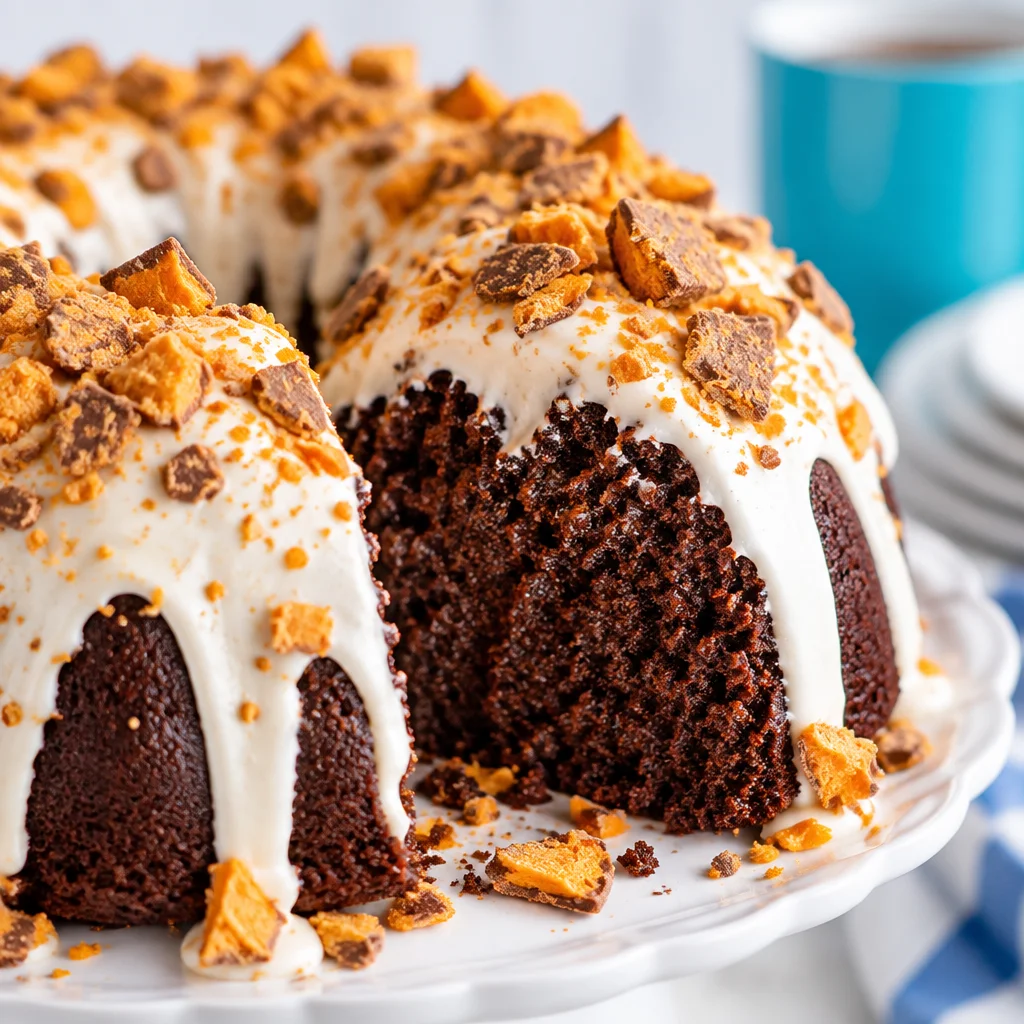 Delicious Butterfinger cake topped with caramel and whipped cream