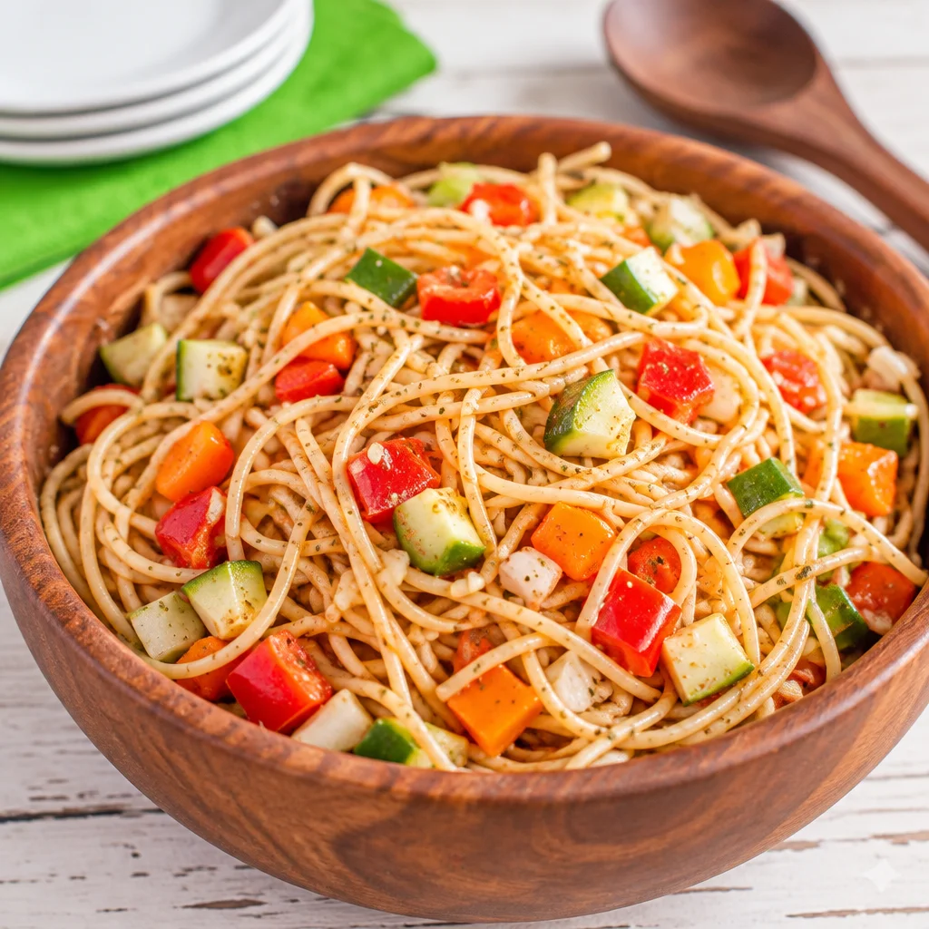 Delicious spaghetti salad with fresh vegetables and Italian dressing.