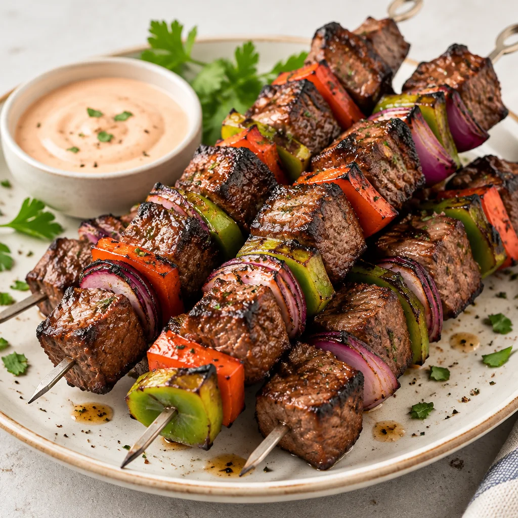 Juicy beef kebabs with vibrant vegetables grilled to perfection