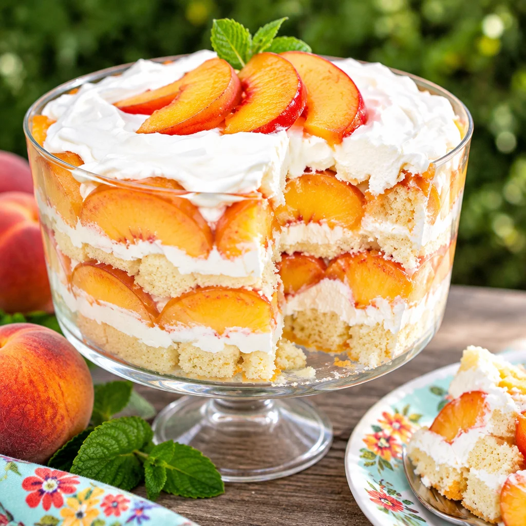 Peaches and Cream Trifle with layers of fresh peaches, cake, and whipped cream.