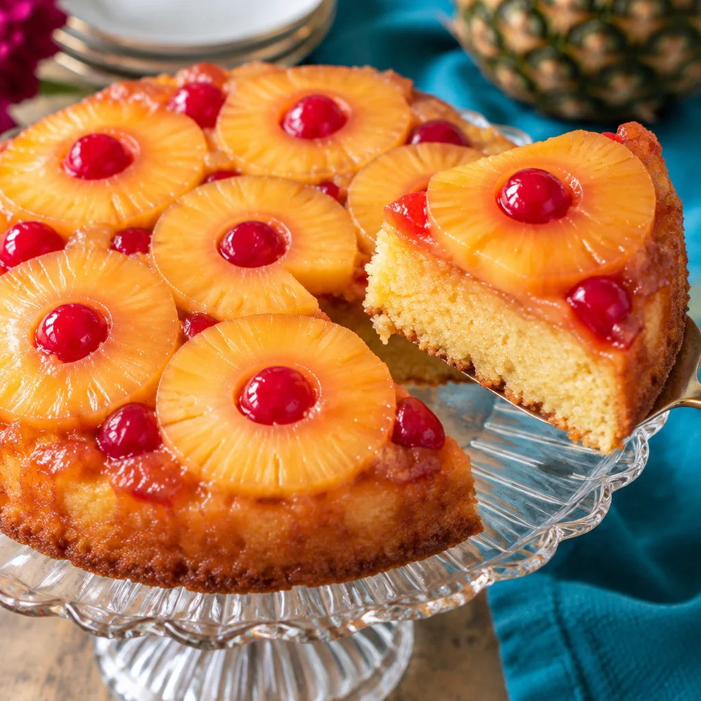 Delicious pineapple upside down cake with caramelized pineapple and cherry topping.
