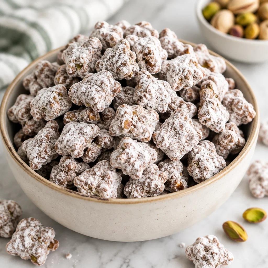 Delicious puppy chow recipe with Chex cereal, chocolate, and peanut butter mixture.