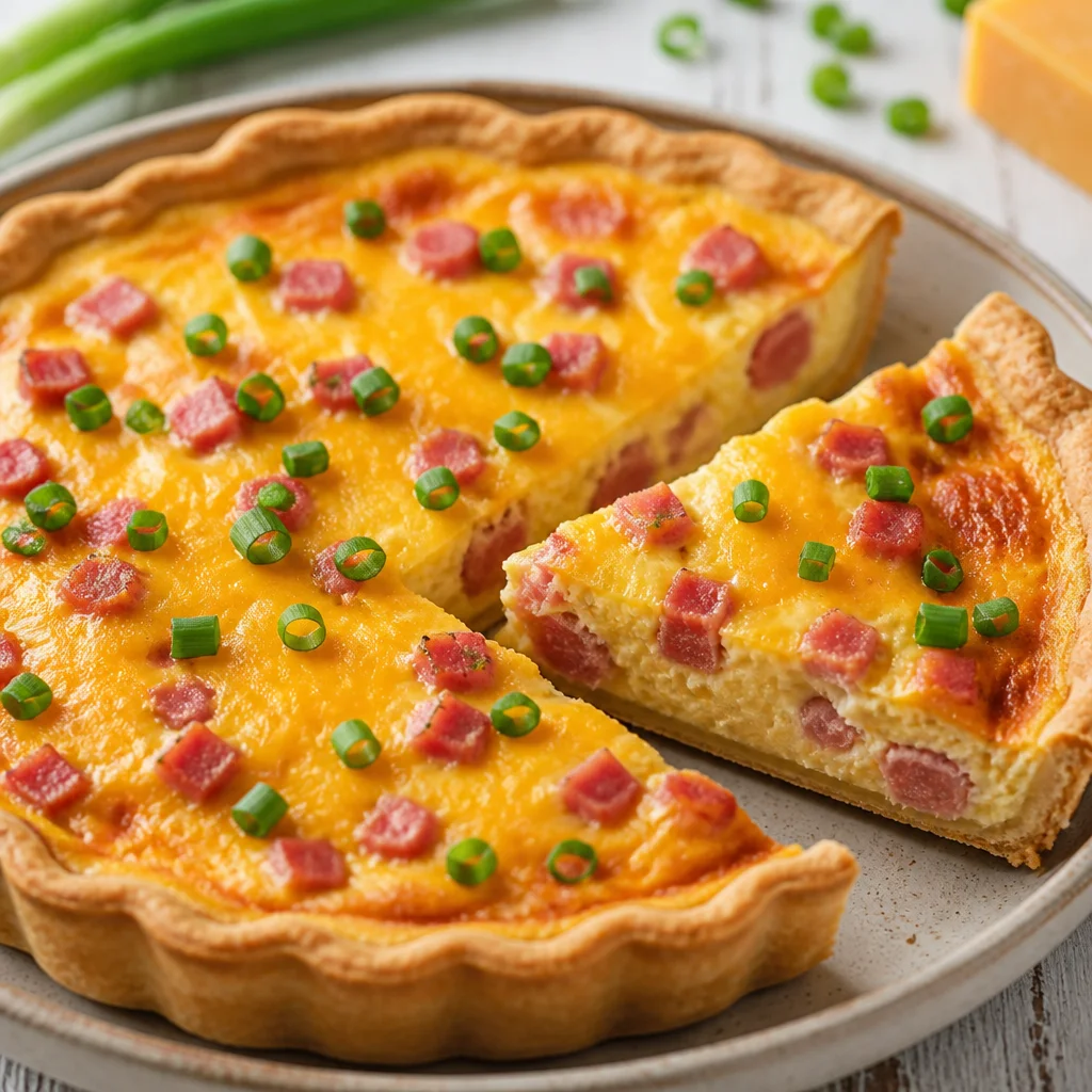Easy Quiche Recipe with ham, cheese, and green onions baked in a flaky pie crust.