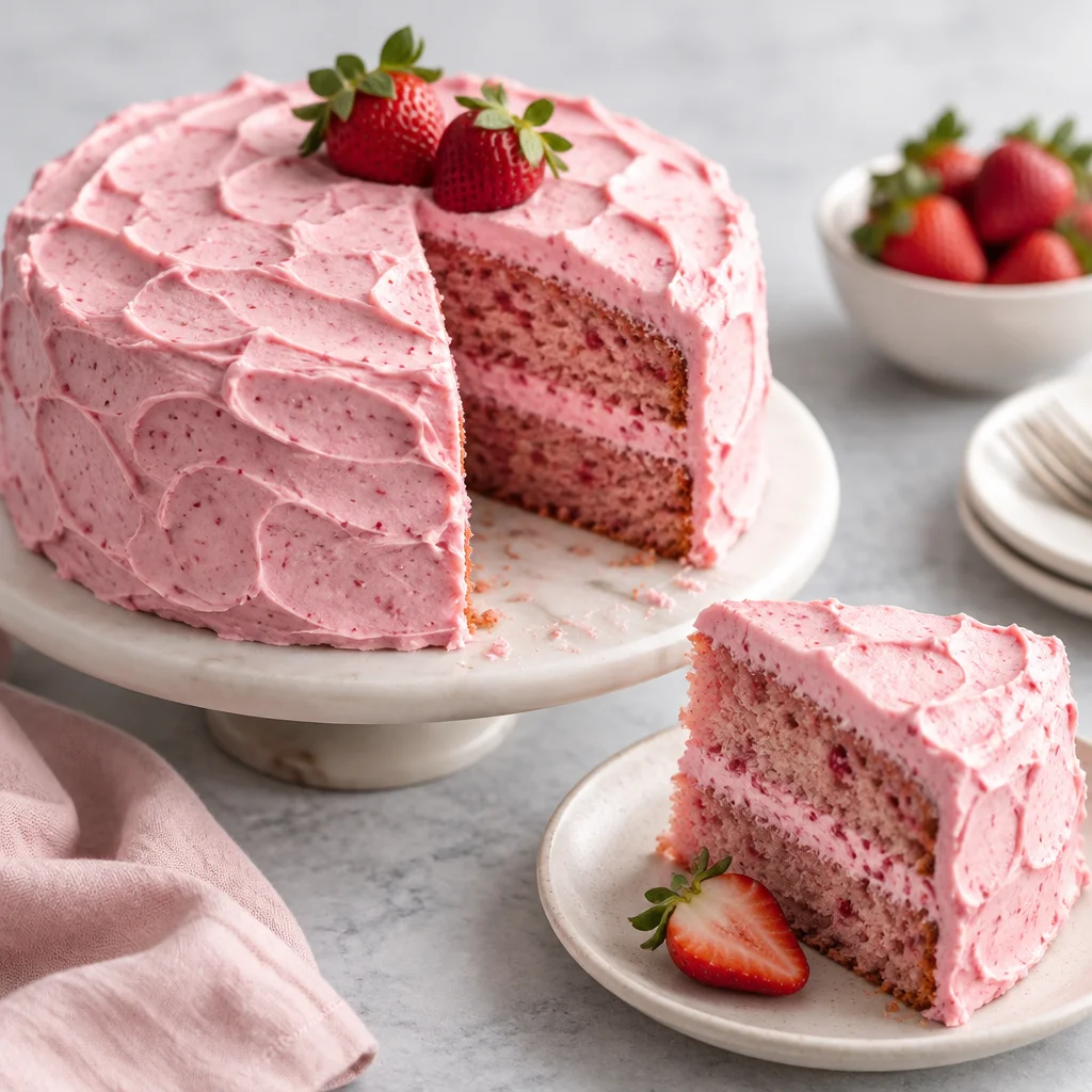 Delicious easy strawberry cake topped with fresh strawberries and whipped cream.