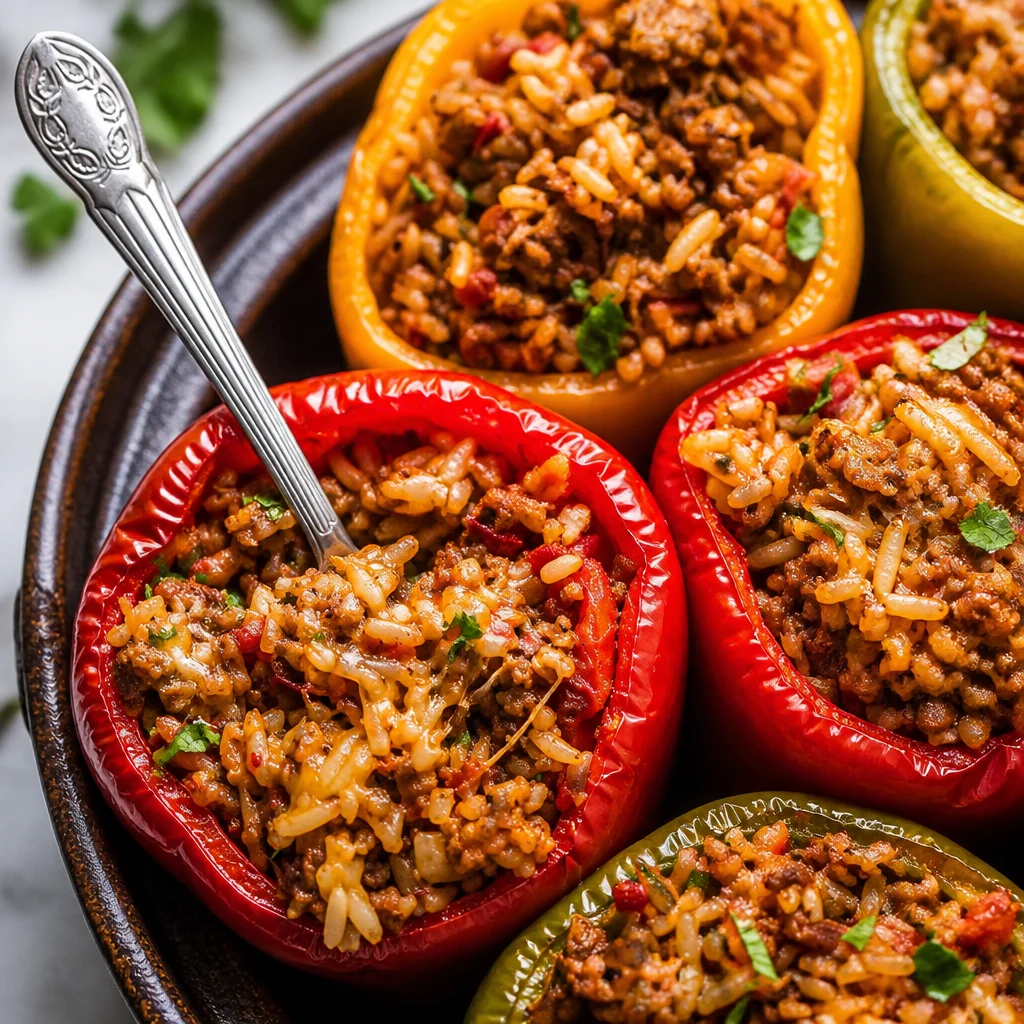 Delicious Easy Stuffed Peppers with ground beef, rice, and cheese baked to perfection
