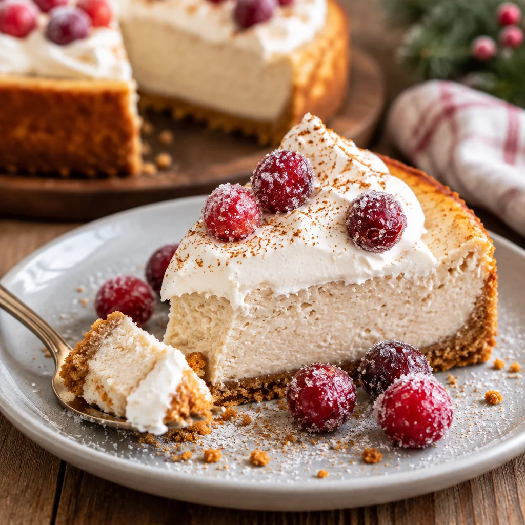 Slice of creamy eggnog cheesecake on a festive plate with whipped cream atop.