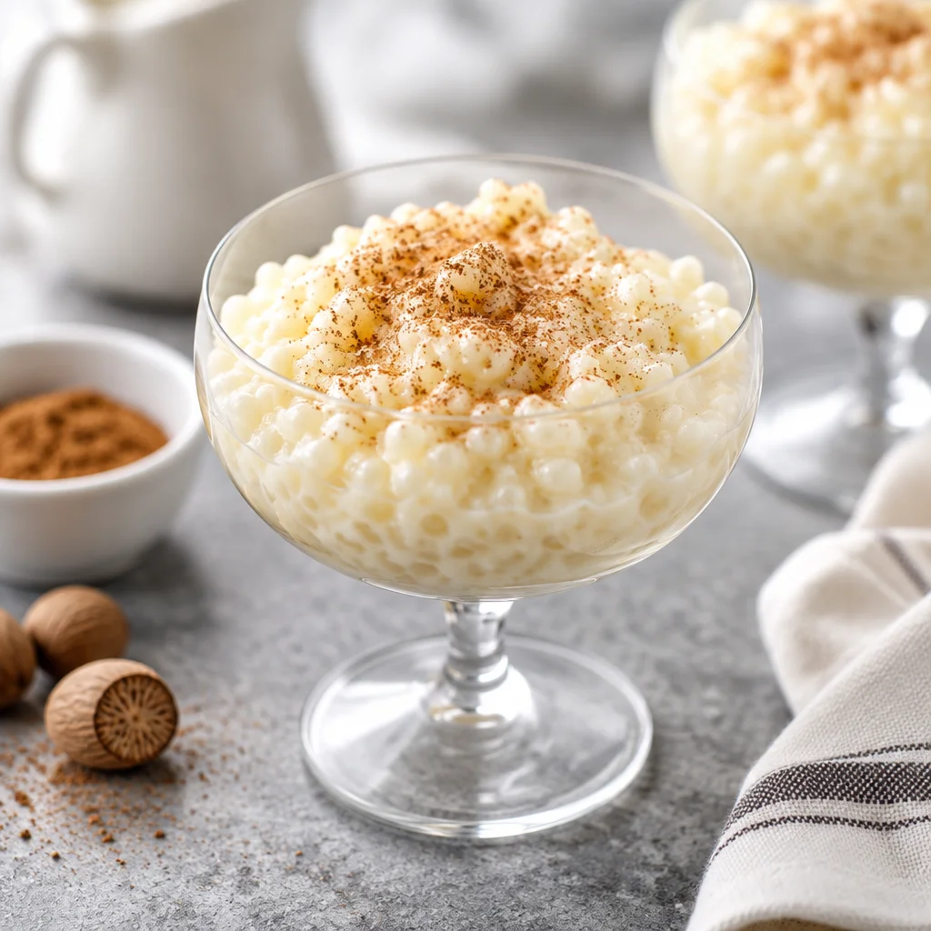 Homemade tapioca pudding dish topped with vanilla and served in a bowl.