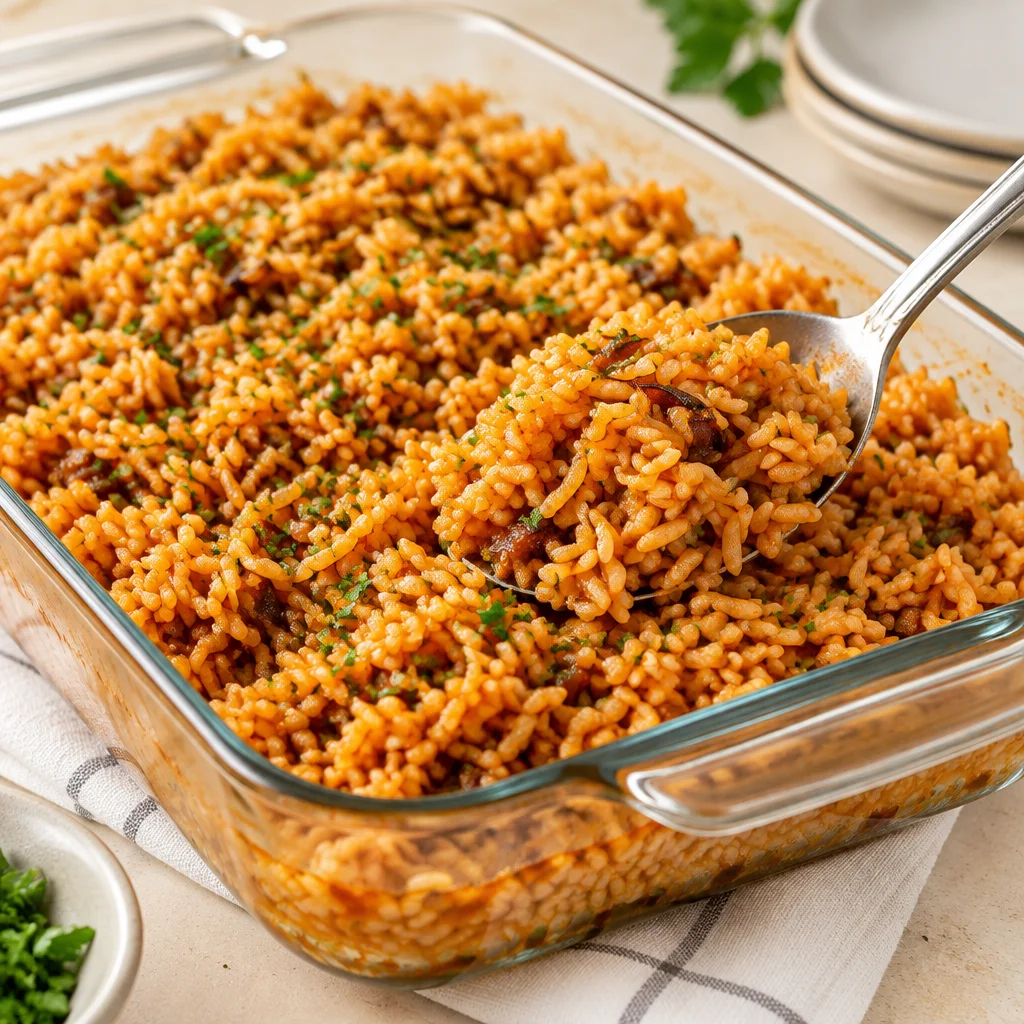 Delicious French Onion Rice recipe with caramelized onions and cheesy flavor.