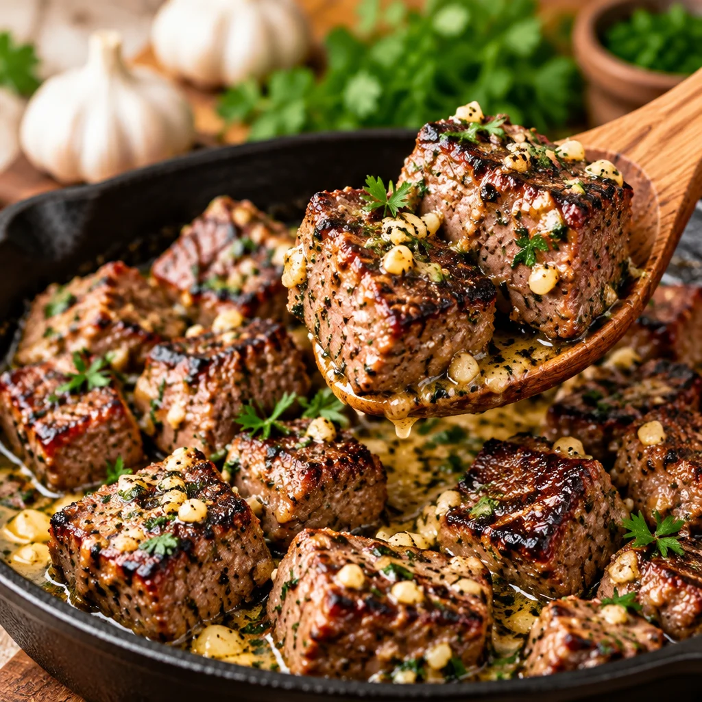 Garlic Butter Steak Bites with Cheesy Noodles
