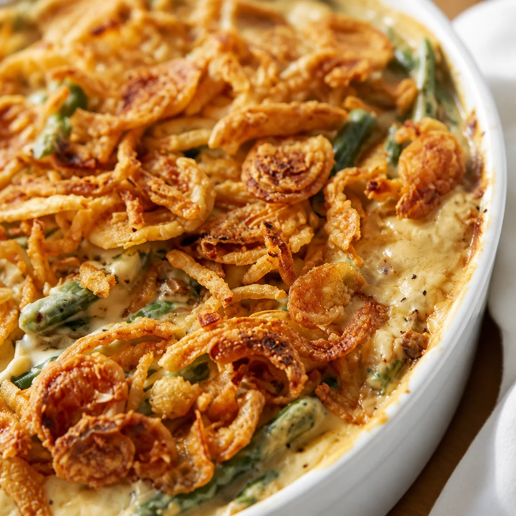 Delicious homemade green bean casserole made from scratch with fresh ingredients.