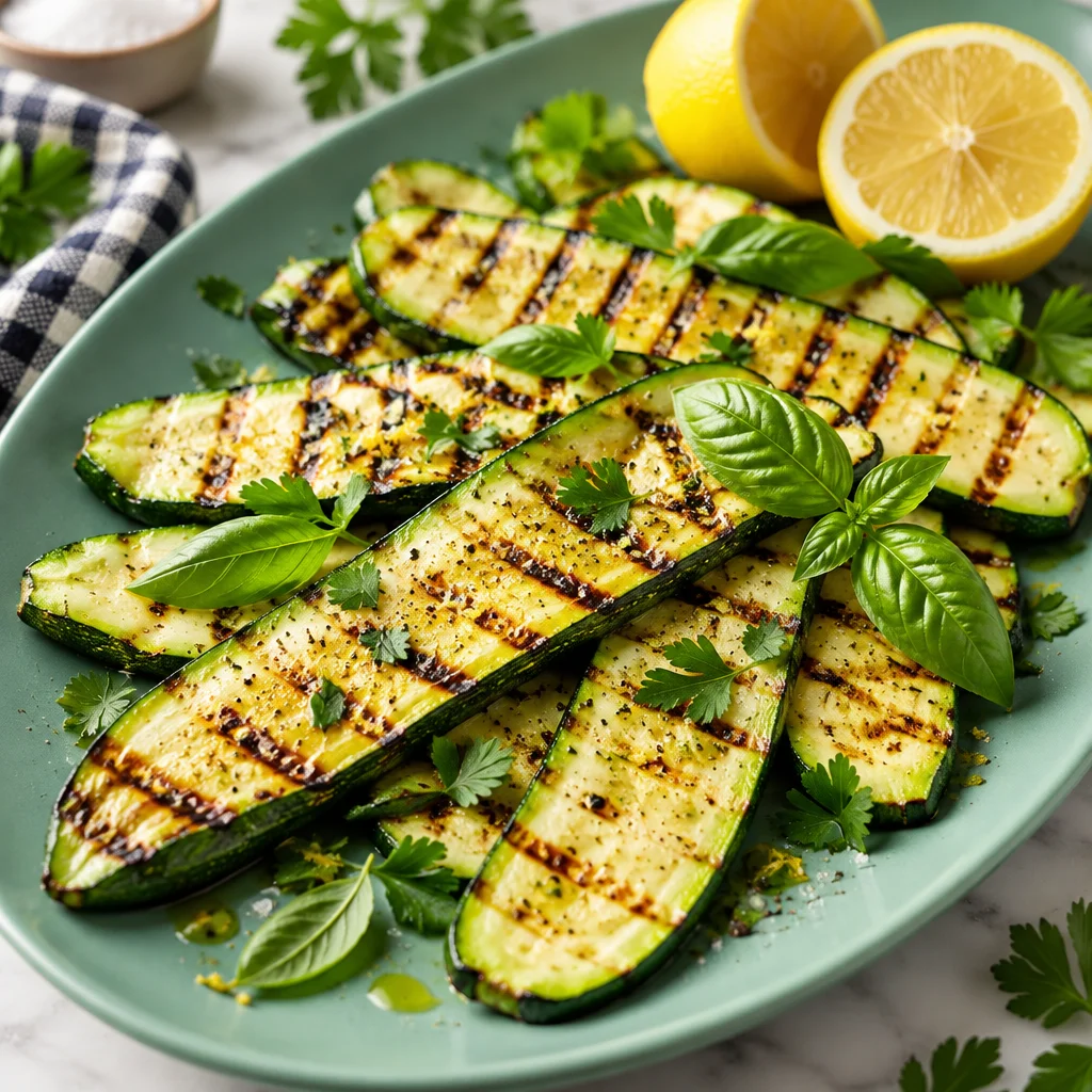 Delicious grilled zucchini slices drizzled with olive oil and spices on a grill.