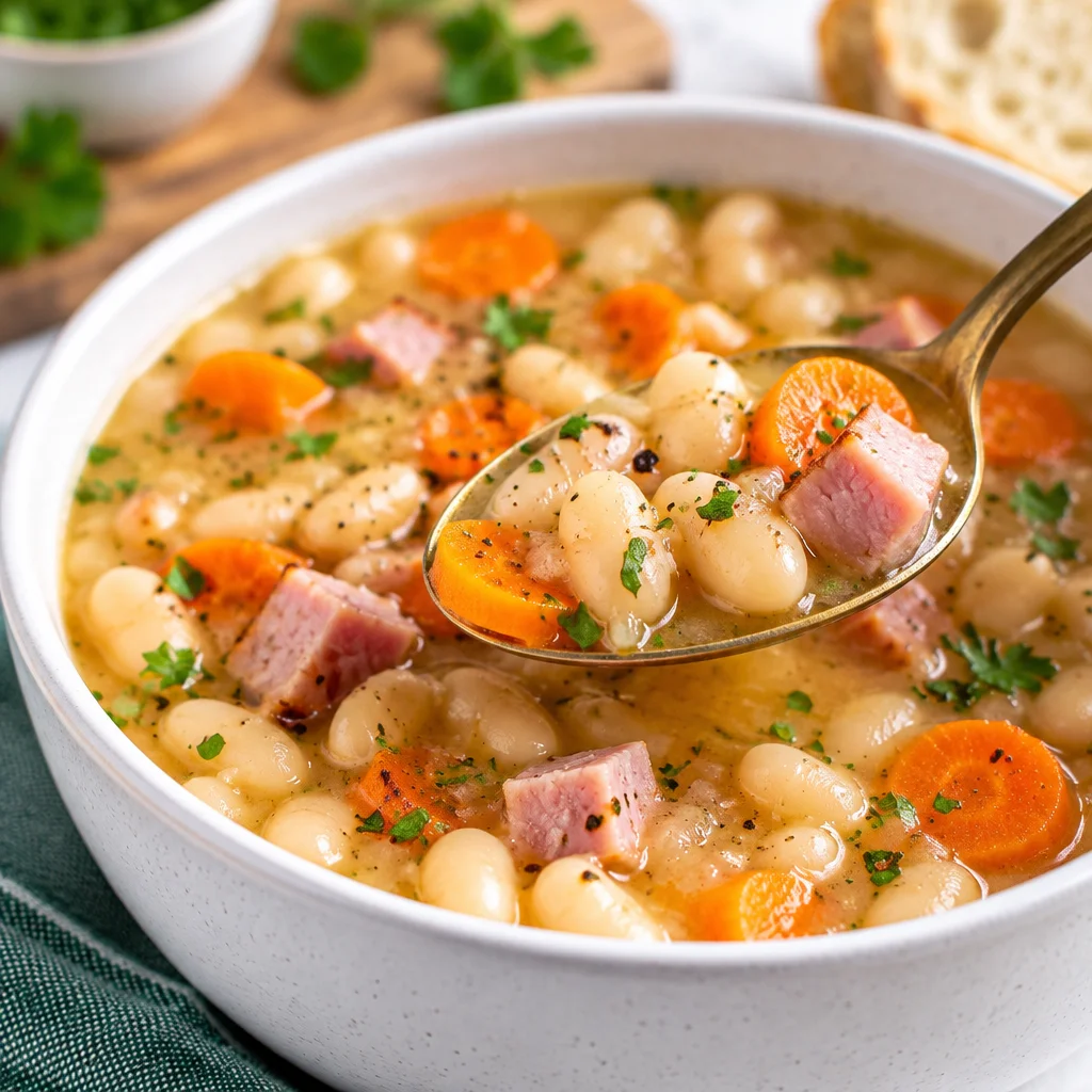 Hearty ham and bean soup with vegetables and smoky flavor in a bowl.