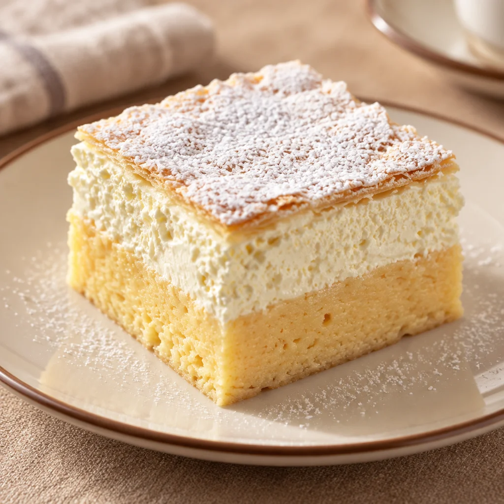 Close-up of delicious vanilla custard squares with puff pastry layers on a plate.