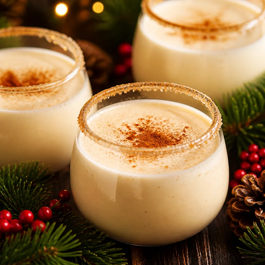 Delicious homemade eggnog in a festive glass, garnished with nutmeg and cinnamon.