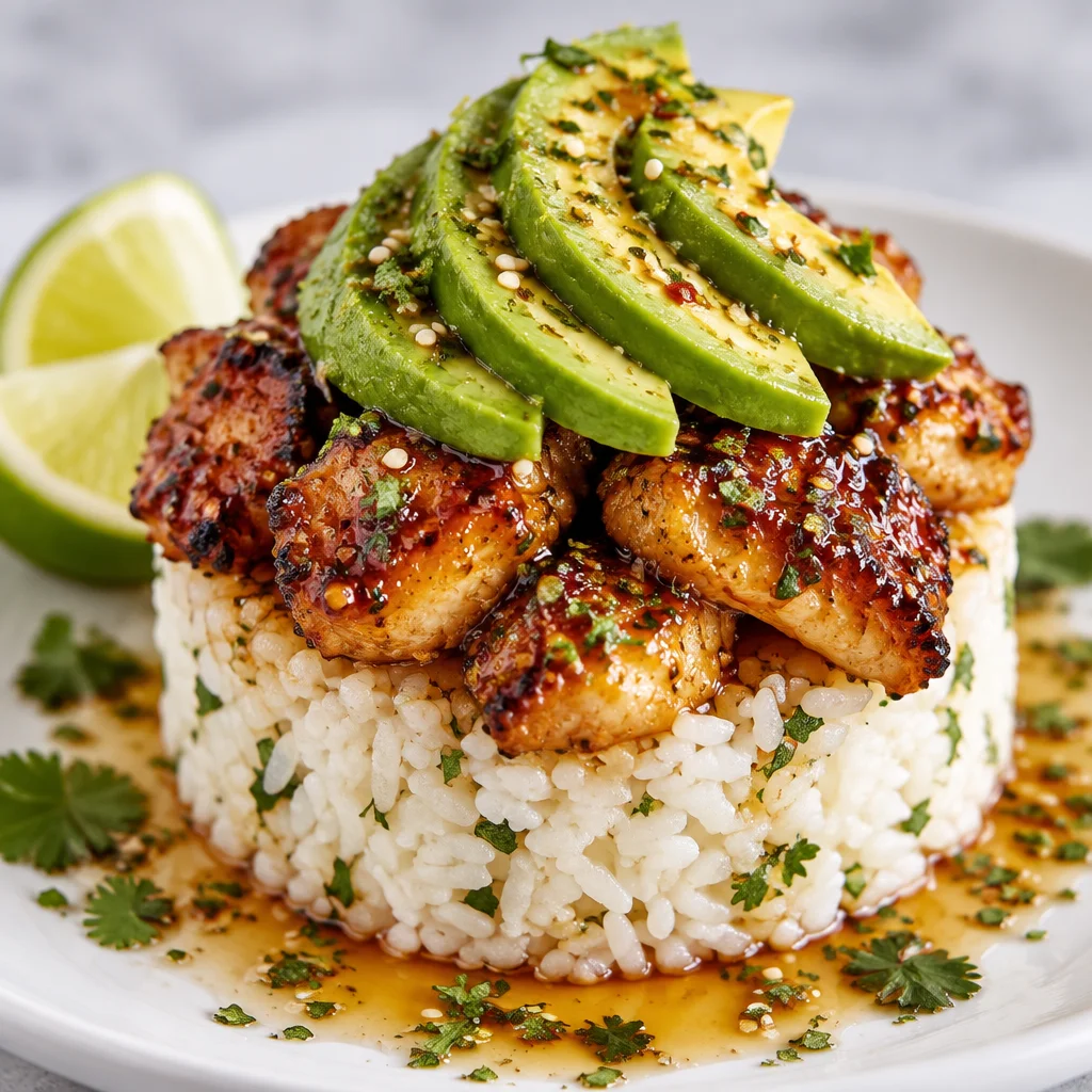 Honey Lime Chicken with Avocado Rice served in a colorful bowl with fresh ingredients.