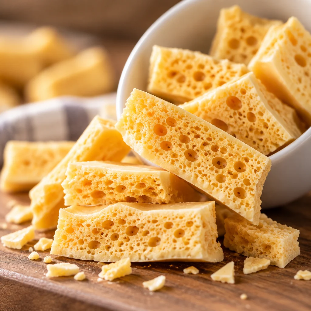 Homemade crunchy honeycomb candy coated in dark chocolate and sea salt.