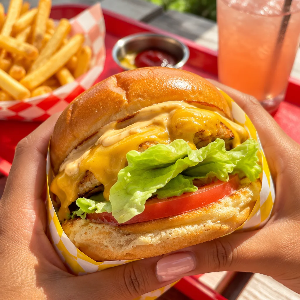 Homemade In N Out Burger with American cheese, sauce, and fresh ingredients.