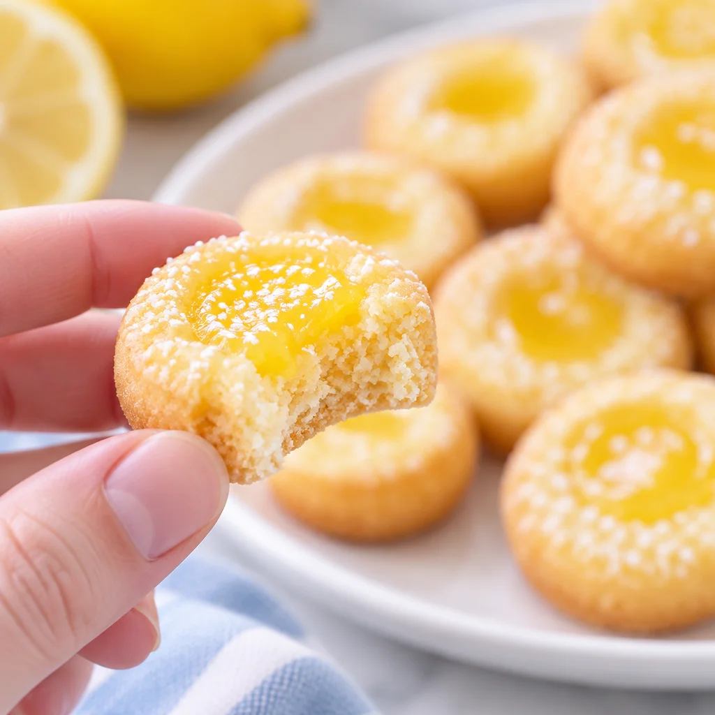 Delicious Lemon Bar Cookie Cups filled with lemon curd in a mini cookie crust