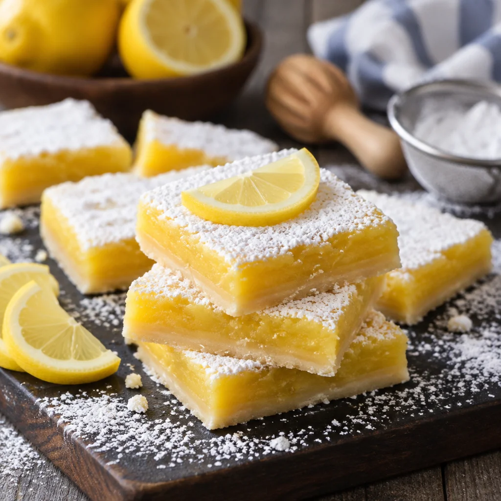 Delicious lemon bars with thick lemon filling on a shortbread crust, perfect for dessert.