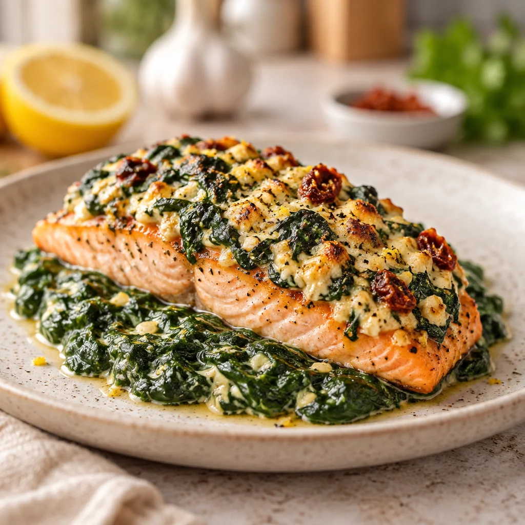 Lemon Garlic Sea Bass served with creamy spinach on a plate.