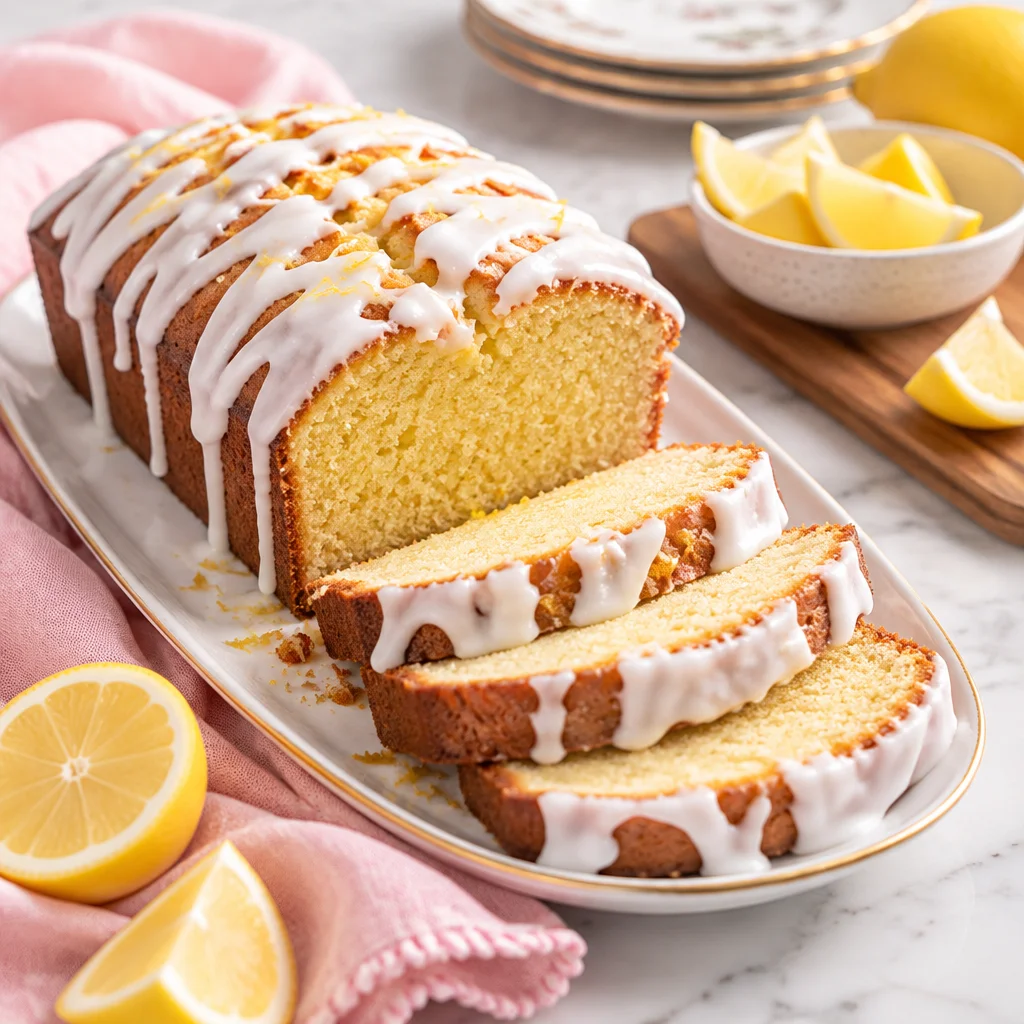 Delicious Lemon Pound Cake with a golden exterior and tangy lemon glaze.