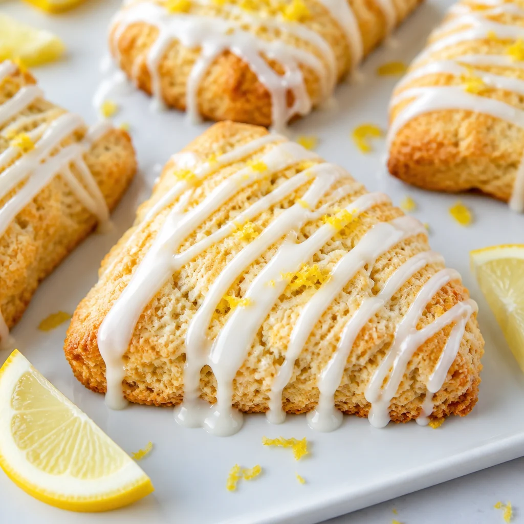 Delicious lemon scones drizzled with a sweet lemon glaze, perfect for brunch.