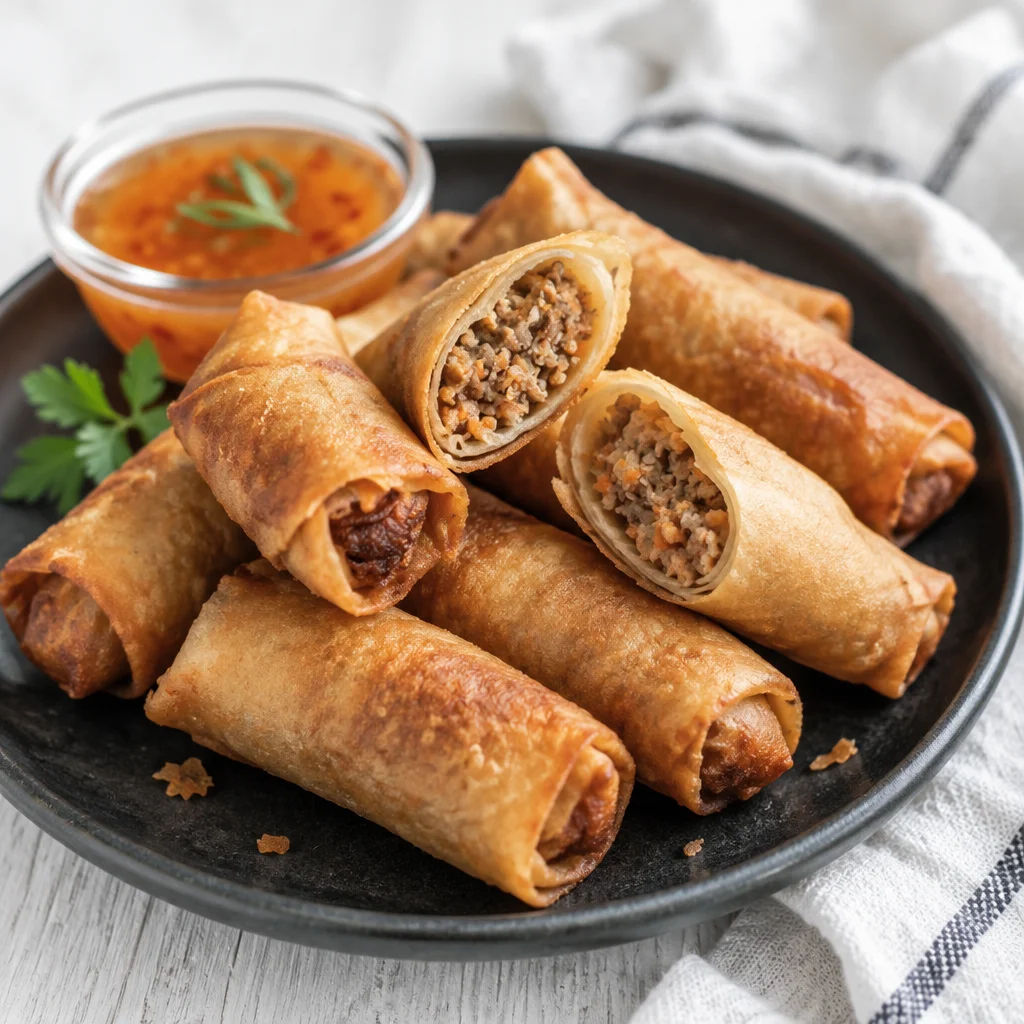 Delicious crispy Filipino Lumpia spring rolls filled with ground pork and vegetables.