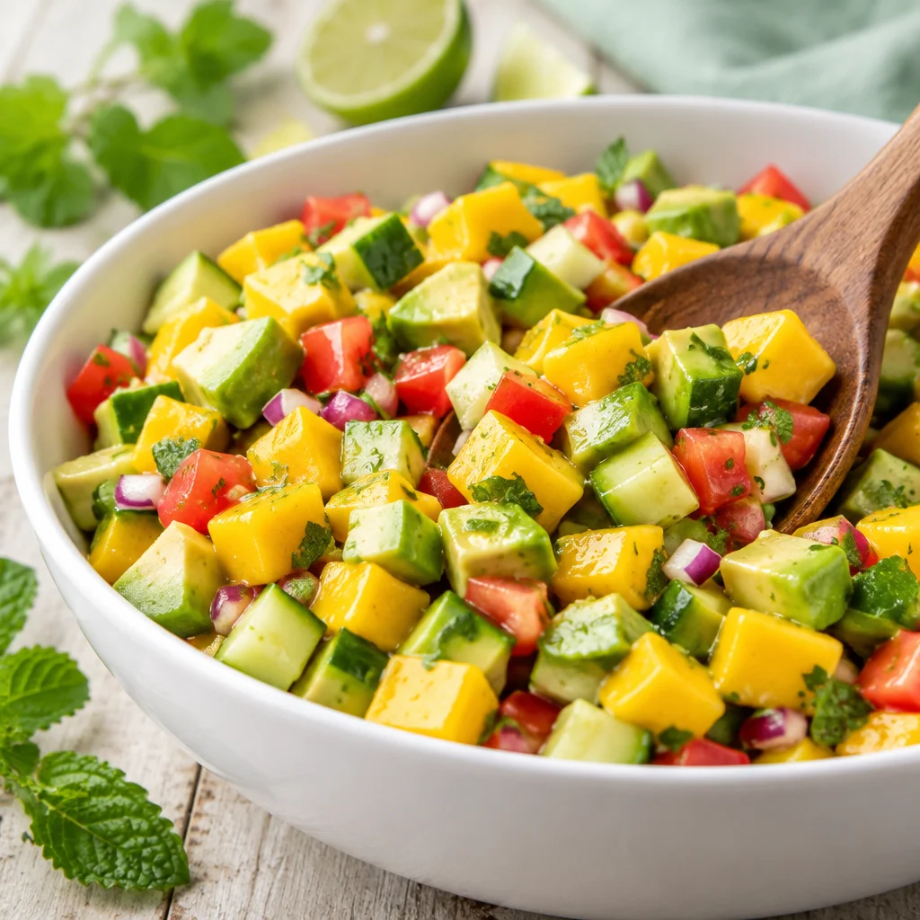 Colorful mango salad with avocado, peppers, and lime dressing.