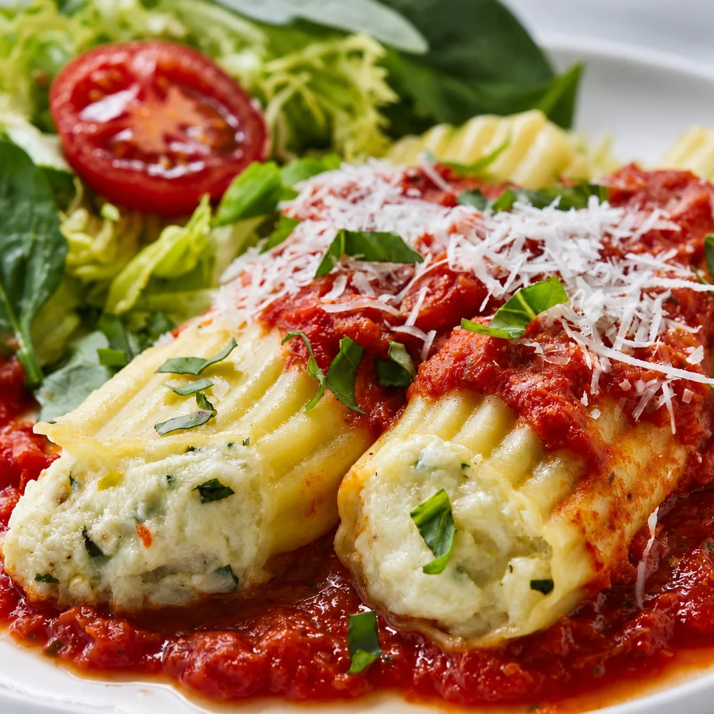 Deliciously baked manicotti stuffed with cheese and topped with tomato sauce.