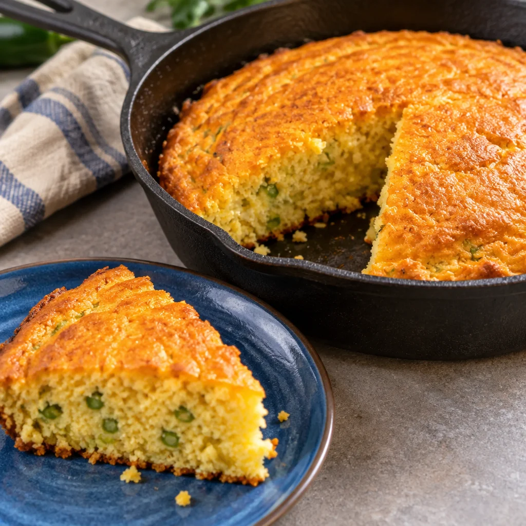 Delicious slice of Mexican cornbread topped with cheese and jalapeños