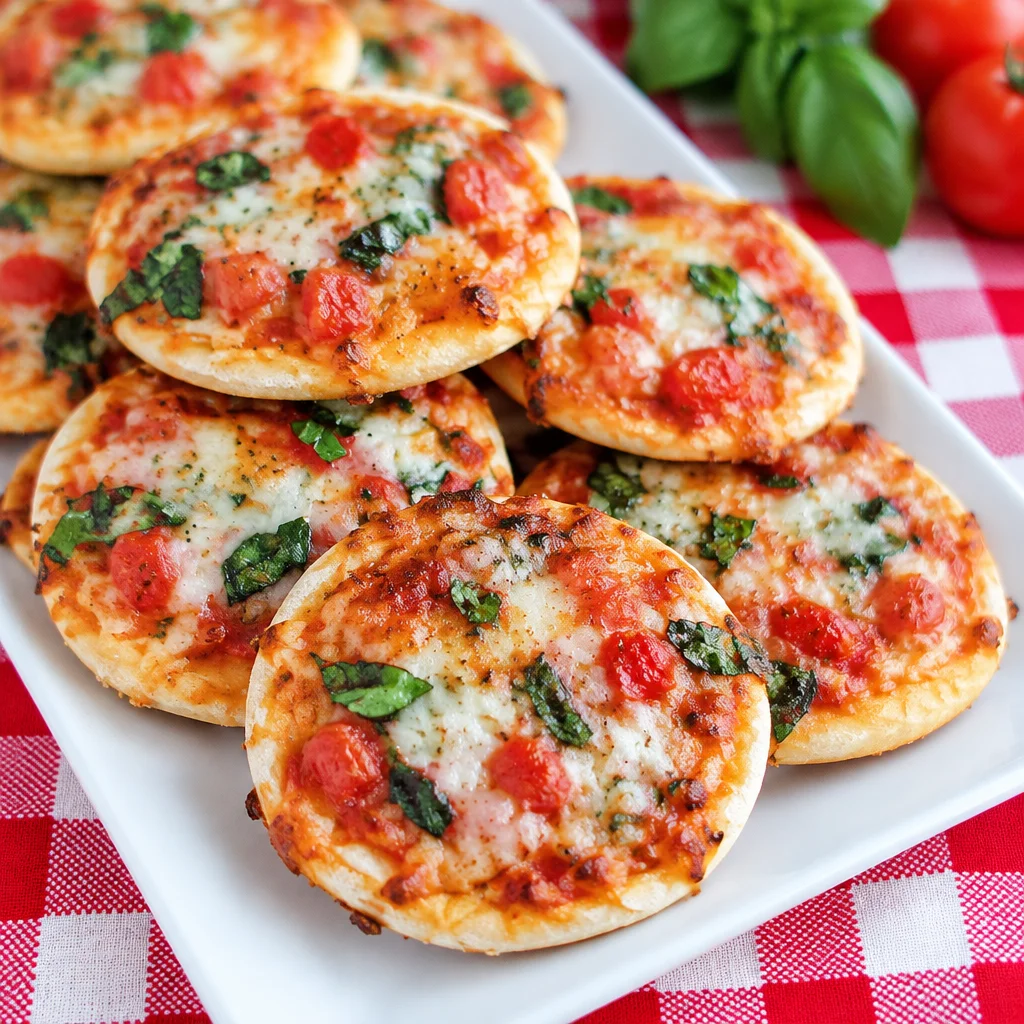 A variety of mini pizzas on a wooden board, showcasing homemade crust and colorful toppings.
