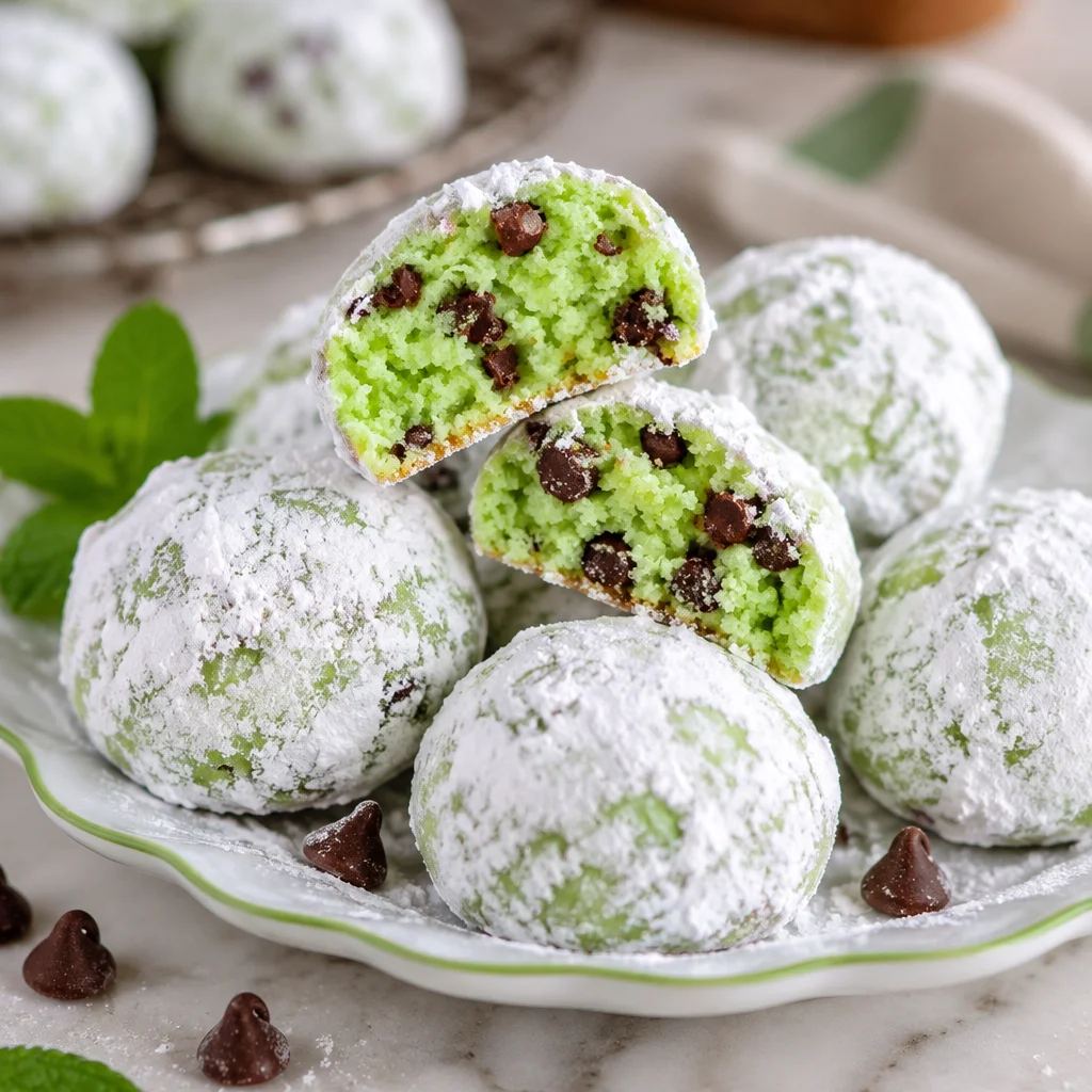 Mint Chocolate Chip Snowball Cookies rolled in powdered sugar, showcasing mint and chocolate flavors.