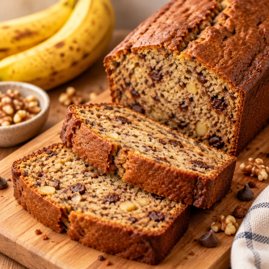 Homemade moist banana bread with brown sugar and ripe bananas.