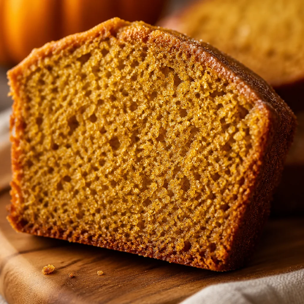 Moist pumpkin bread fresh out of the oven with warm spices and a fluffy texture.