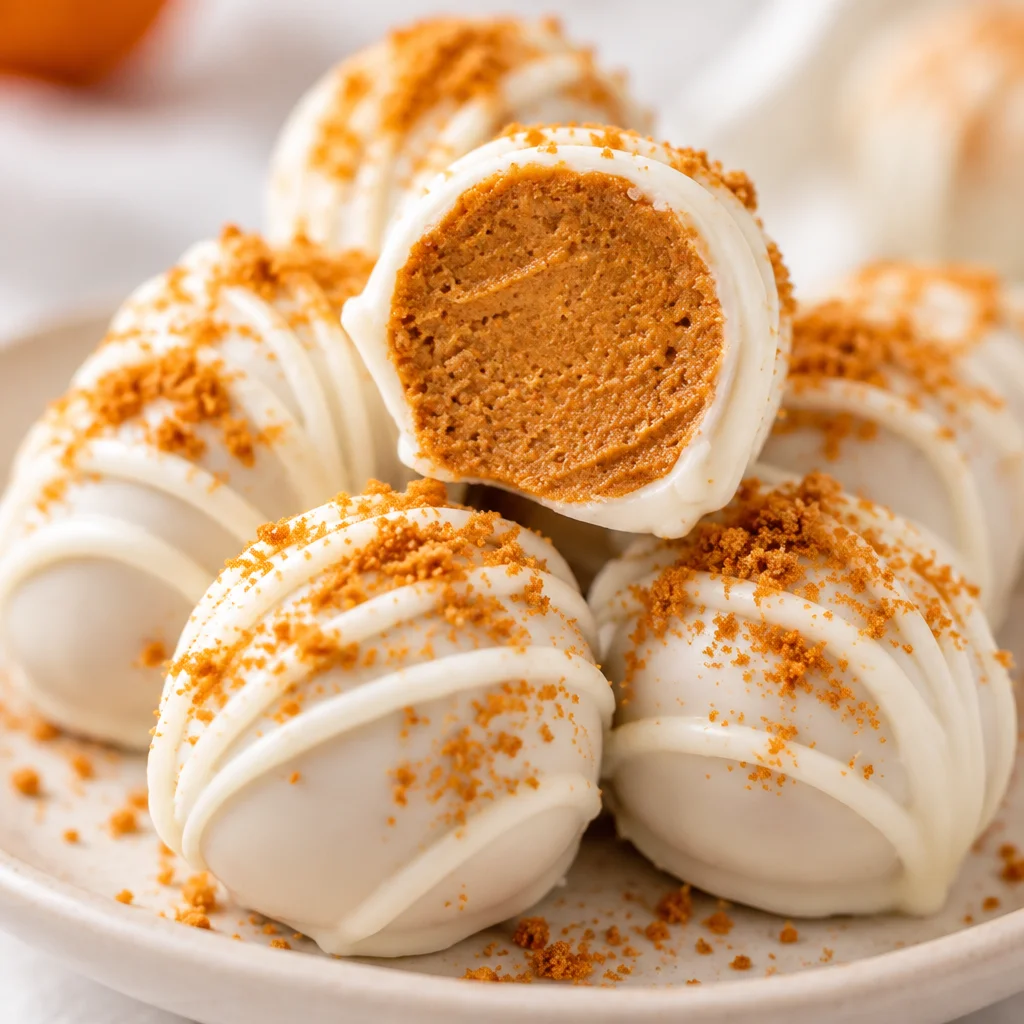 Creamy No-Bake Pumpkin Cheesecake Balls drizzled with caramel and topped with spices