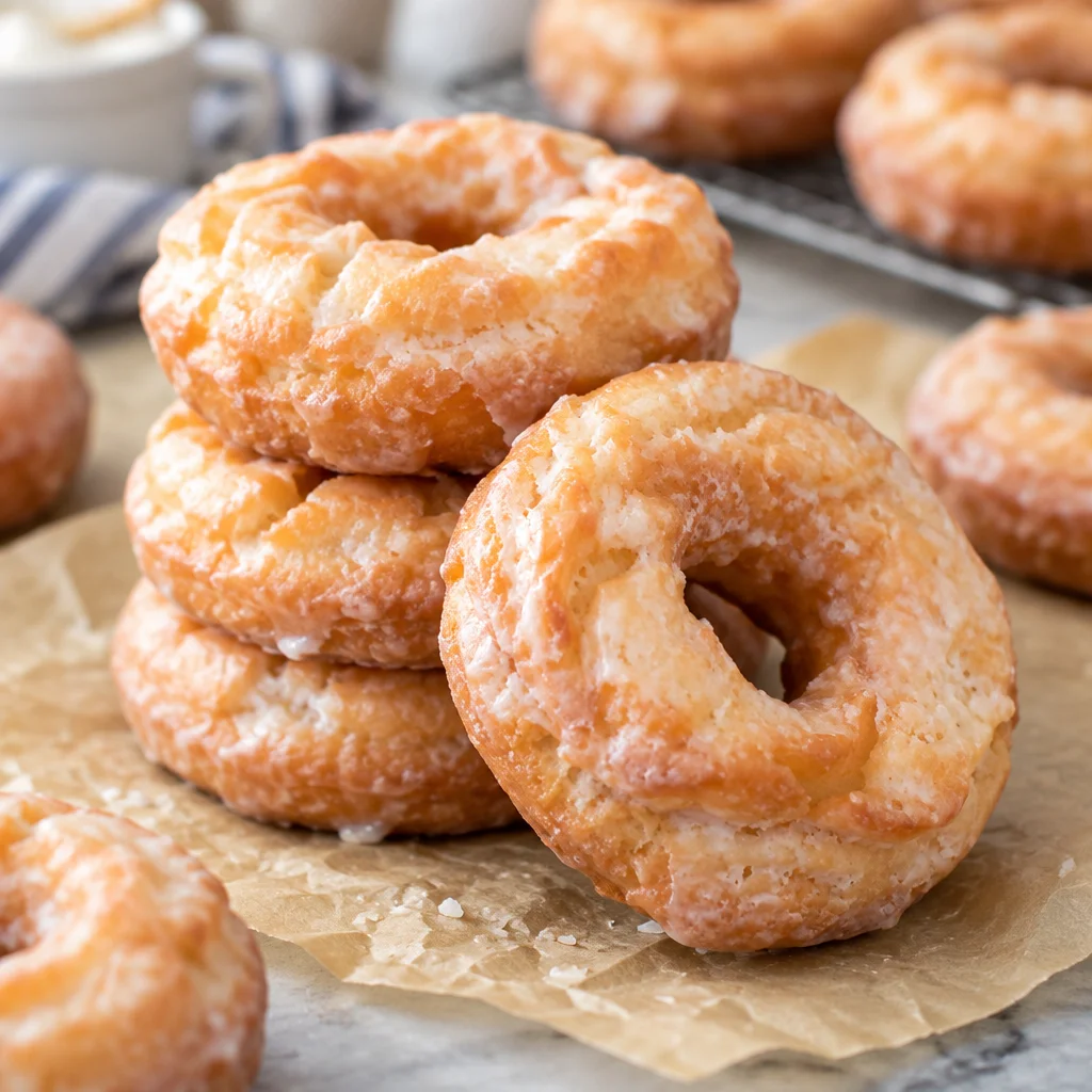 Old fashioned sour cream donuts with vanilla glaze on a plate, showcasing their golden brown color.