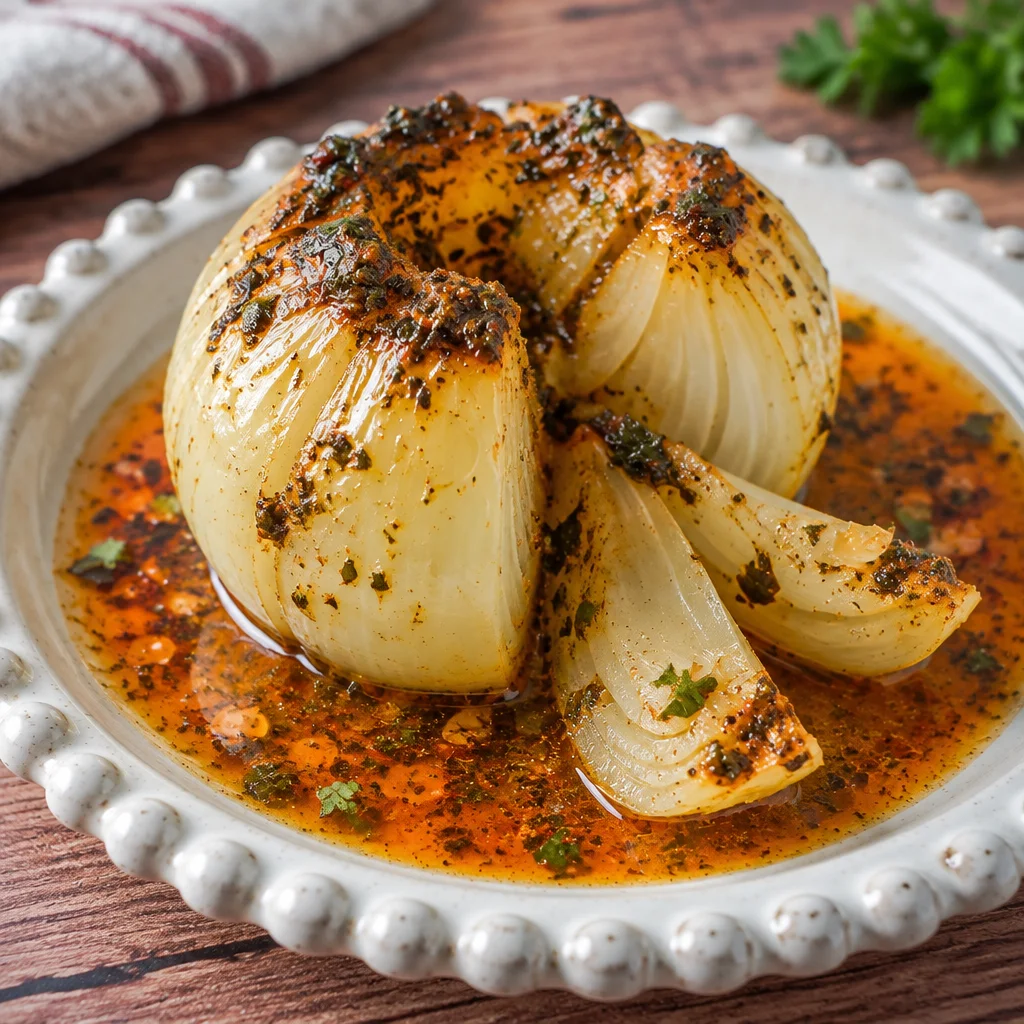 Viral onion boil recipe with roasted sweet onions stuffed with butter and spices