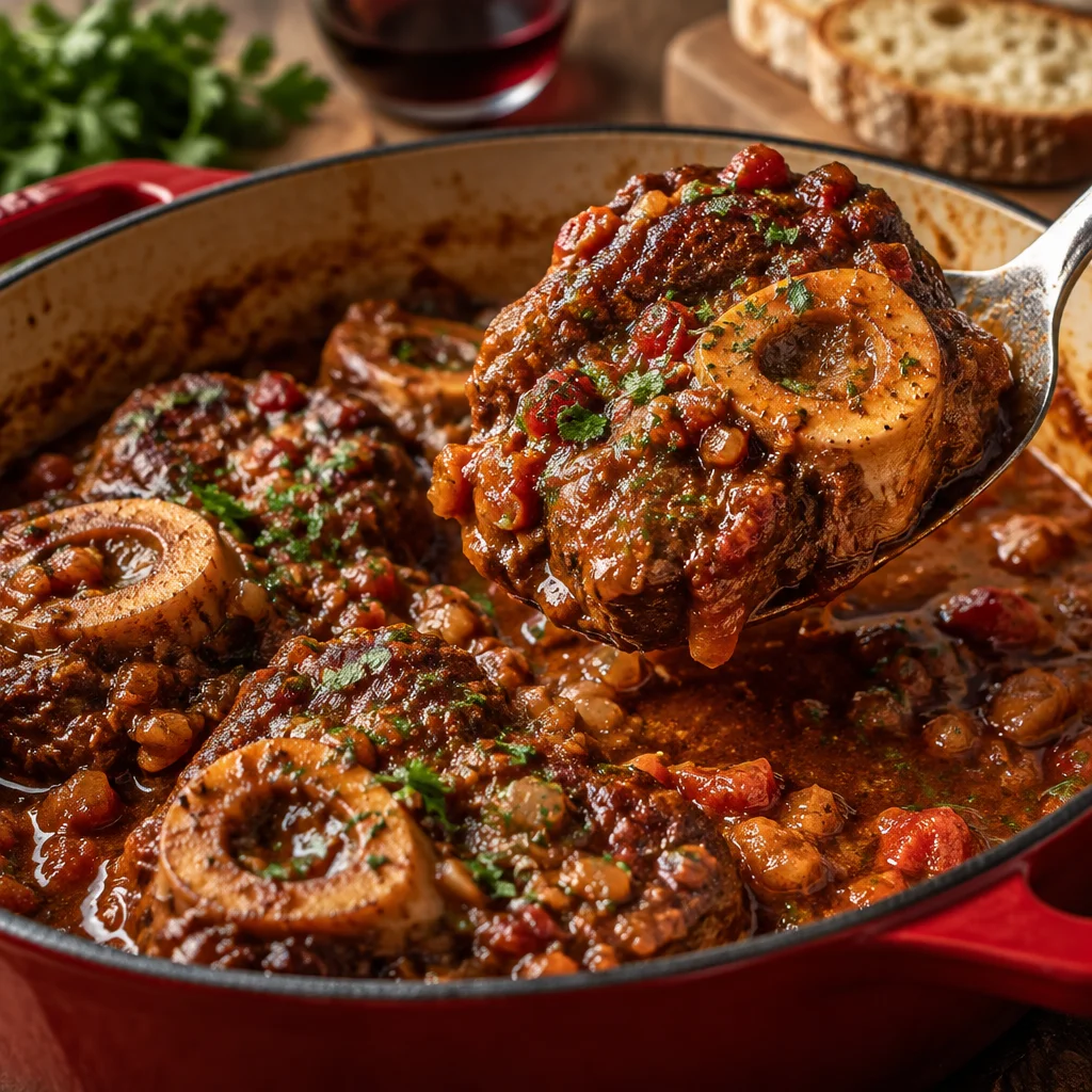 Delicious Osso Buco with slow-braised veal shanks and gremolata topping.