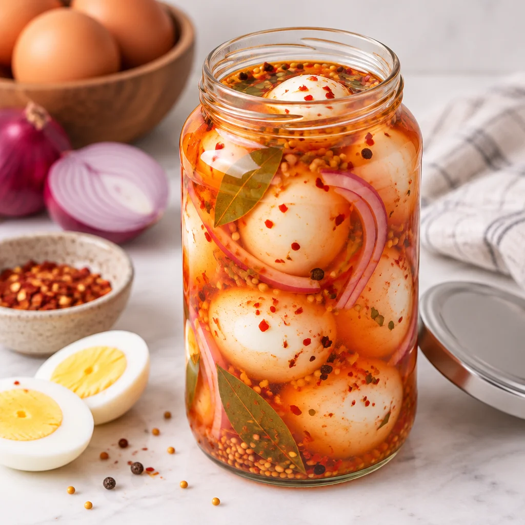 Easy pickled eggs recipe with colorful brine for tasty snacks or appetizers