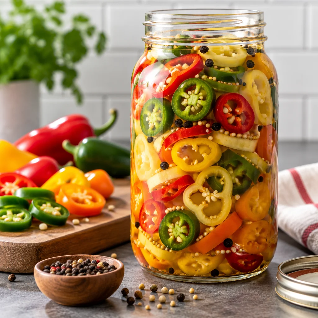 Colorful homemade pickled peppers with vinegar and spices in jars.