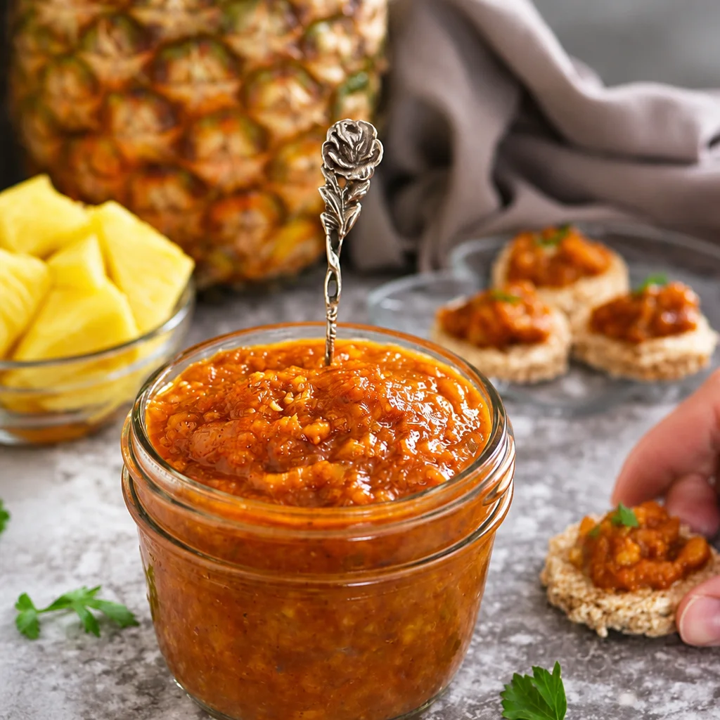 Delicious homemade pineapple chutney served in a bowl with fresh pineapple slices.