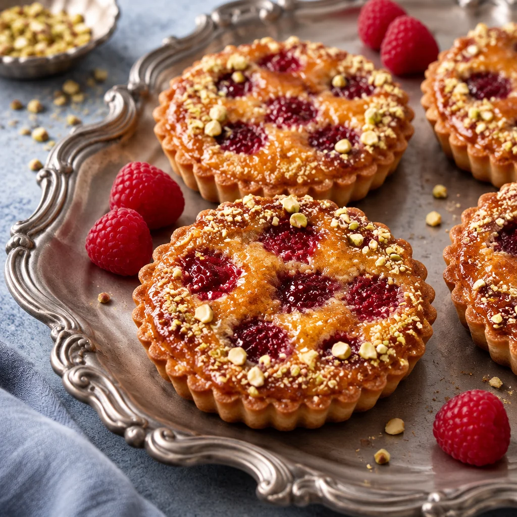 Freshly baked raspberry tart topped with vibrant raspberries and creamy filling