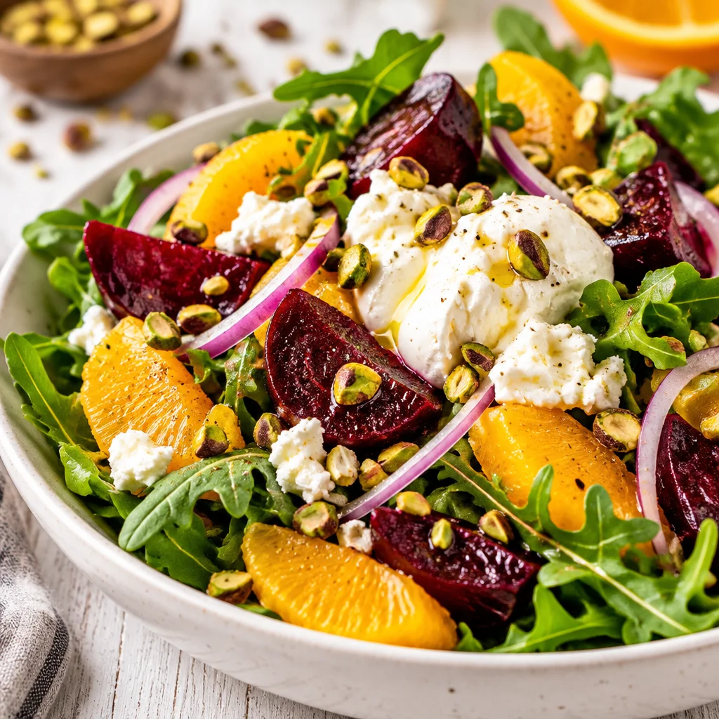 Colorful beet salad with goat cheese and balsamic dressing served in a bowl.