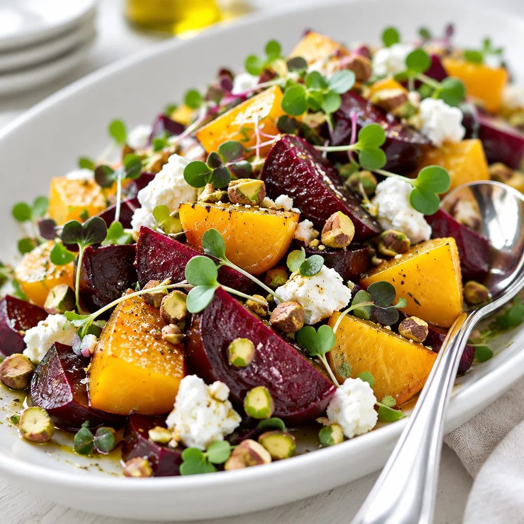 A colorful roasted beet salad with goat cheese, nuts, and a citrusy dressing.