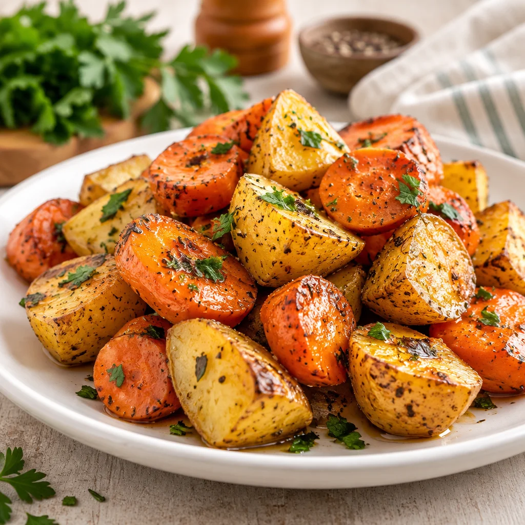 Delicious roasted potatoes and carrots coated in garlic and herbs.