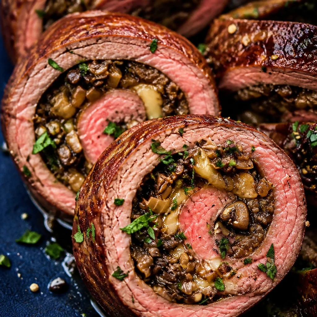 Rolled Steak Bites Stuffed with Cheese, bacon-wrapped and oven-baked for a delicious meal.