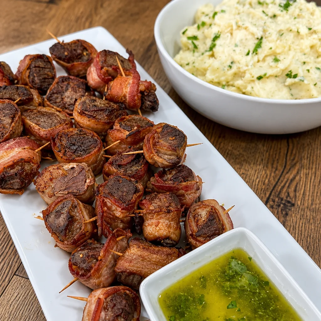 Rolled Steak Bites Stuffed with Cheese, oven-baked and wrapped in bacon for a tasty dish.